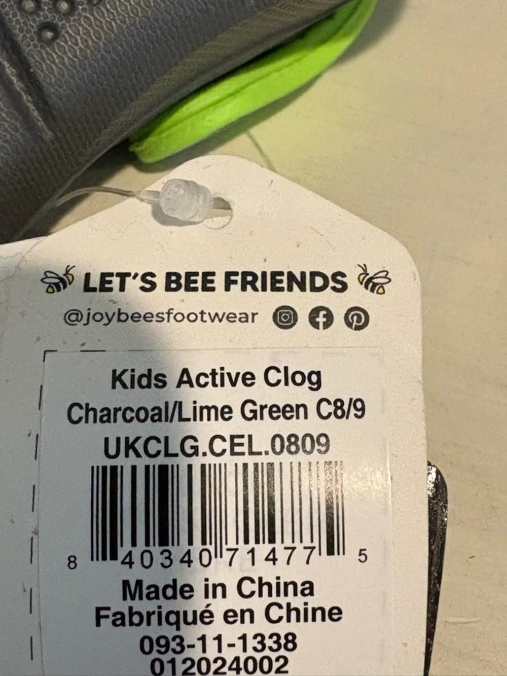 Joybees Harper Slip-On Clogs Charcoal/Lime - Kids Child Toddler Size 8 / 9